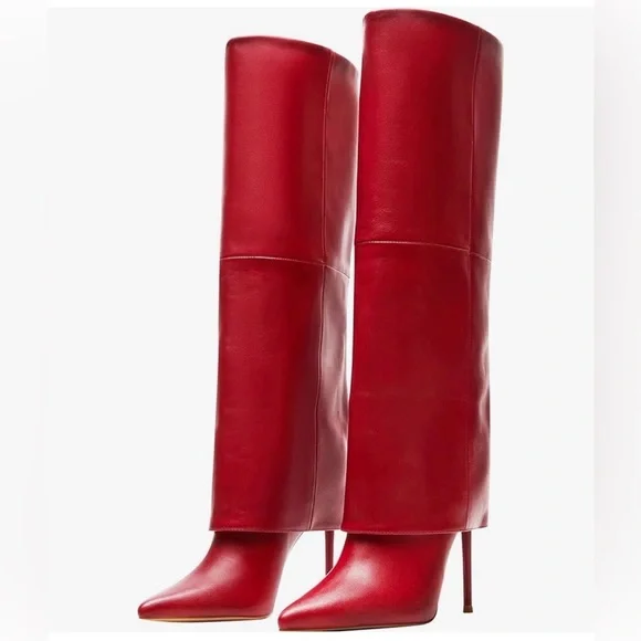 Steve Madden Smith Red Leather Foldover Cuffed Stiletto Boots - Sz 5.5 - Picture 1 of 2